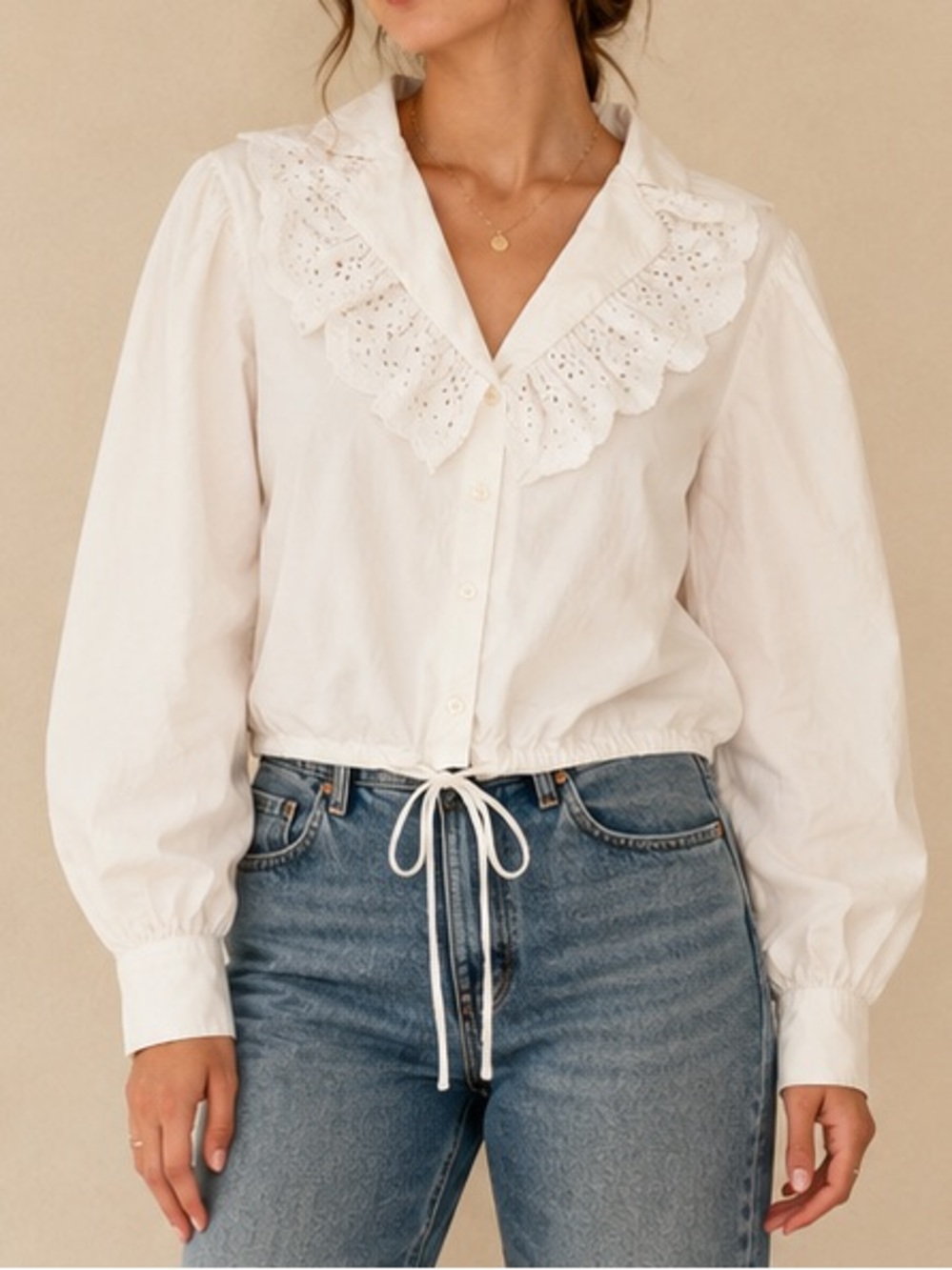 Zara White Eyelet Ruffle Collar Balloon Sleeve Boho Cropped Cotton Blouse Size L